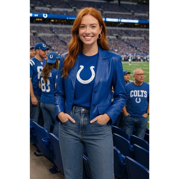 Vtg Y2K Bright Blue Genuine Leather Blazer Jacket Women's Sz 10 2 Button Peplum - Picture 6 of 16